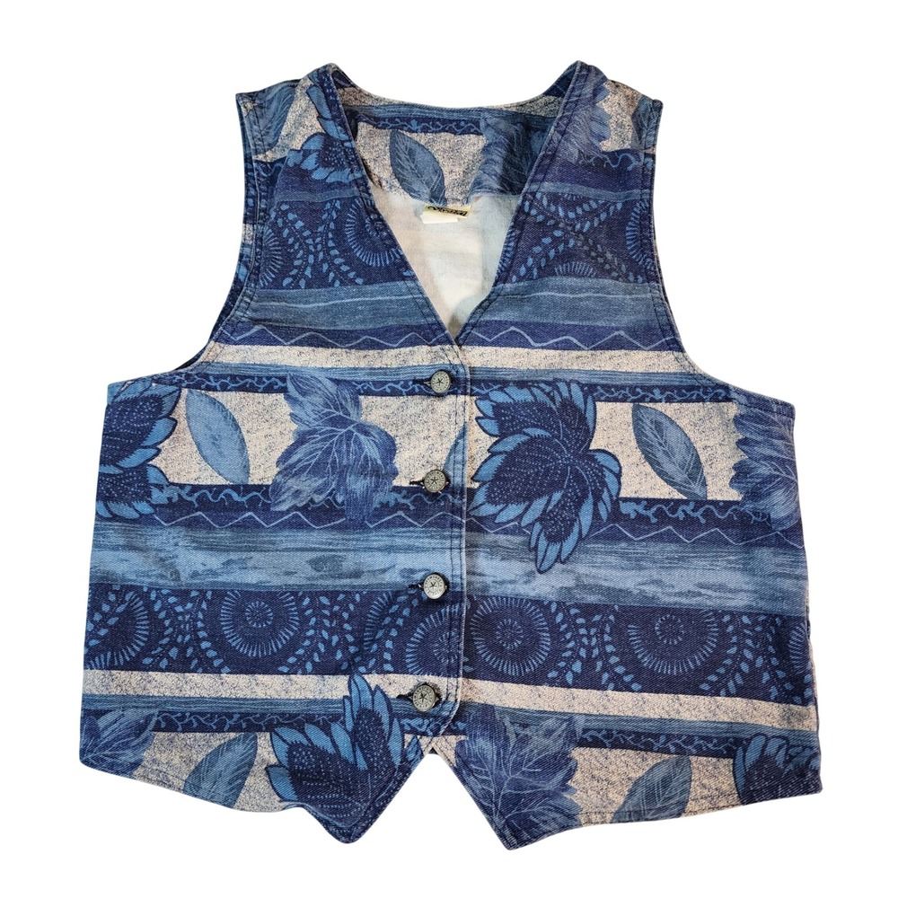 Vivaldi‎ Jeanswear Vintage 90s Blue Botanical Tapestry Vest Made in USA Medium